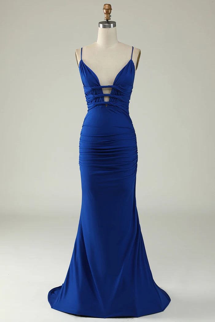 Weitese Dress Mermaid Spaghetti Straps Royal Blue Plus Size Prom Dress Maxi Dress Criss Cross Back Sleeveless Party Dress